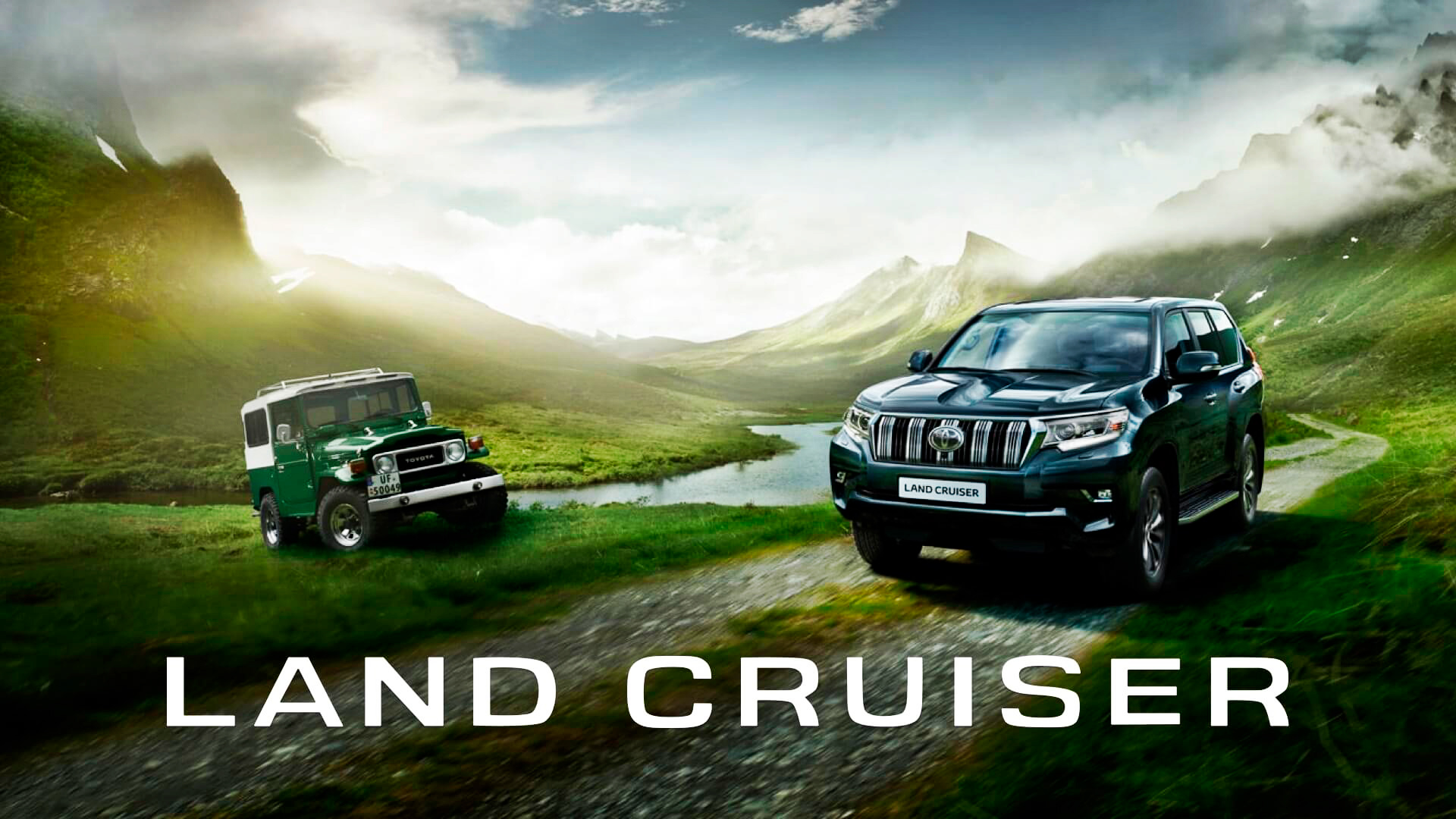 Versiones moderna y antigua del Toyota Land Cruiser en una montaña